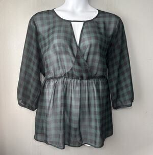 Torrid Sheer Top Plus Size 3 3X Green Black Checkered Gingham Peasant Babydoll